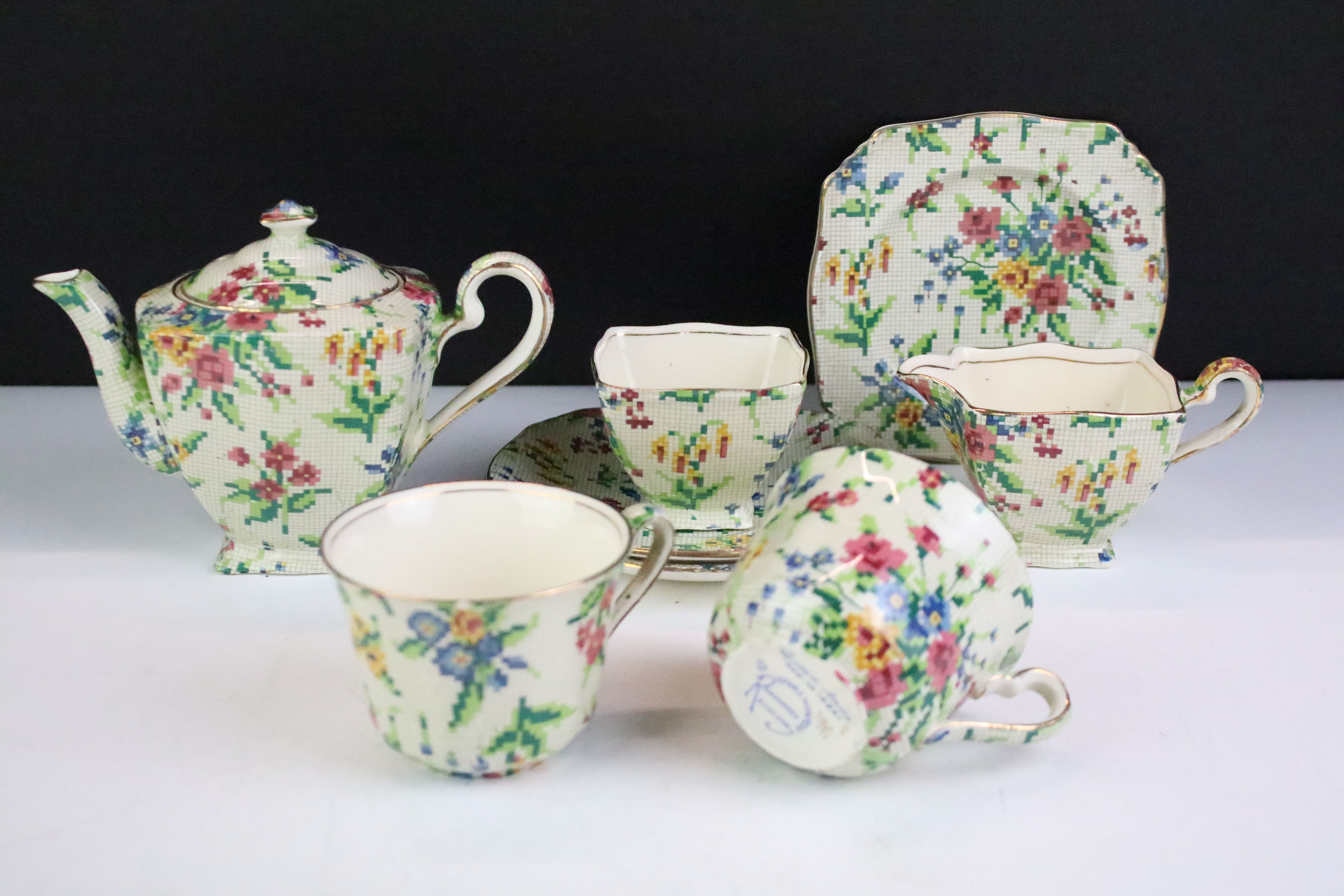 Royal Winton Grimwades Queen Anne pattern tea set for two, transfer printed with chintz floral