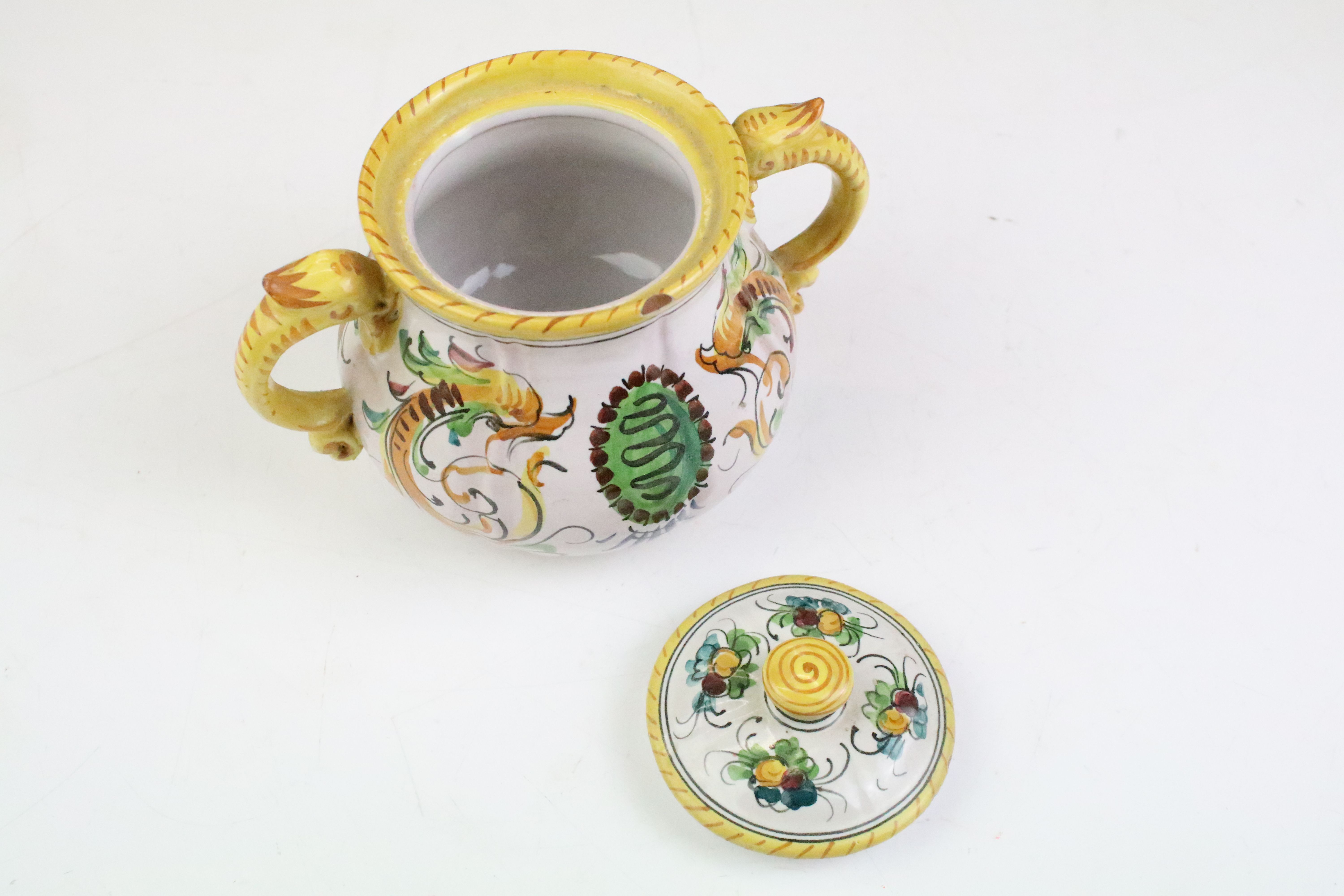 Italian faience tea set with scrolling & floral decoration and yellow border, the lot to include - Image 11 of 14