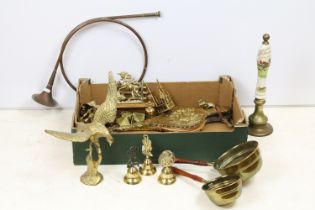 Assorted collection of copper and brass to include horn, bellows, commemorative bells, eagle