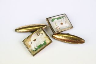 Pair of 1930's reverse painted Lucite gilt metal Jack Russell chain link cufflinks
