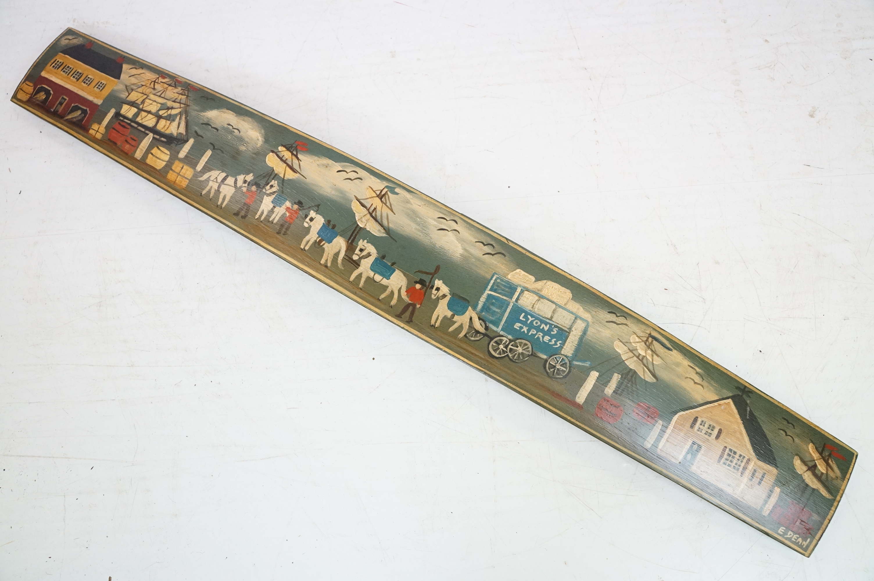 20th Century naïve painted barrel plank decorated with naval scenes. Measures 89cm wide. Together