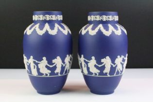 Pair of late 19th / early 20th century Adams Tunstall blue vases decorated with classical maidens,