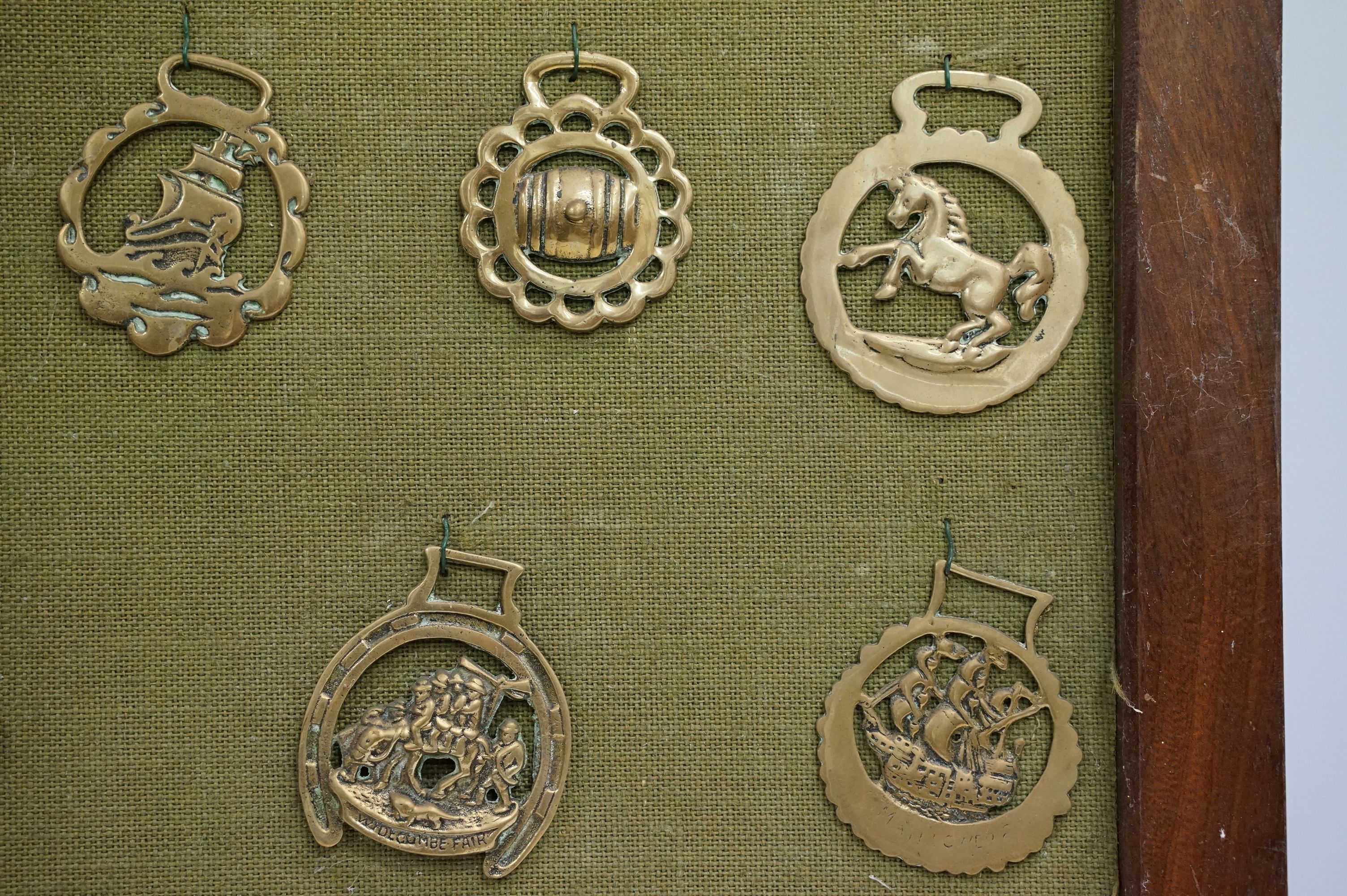 Collection of antique horse brasses mounted to canvas covered board and framed. Measures 97 x 66cm. - Image 8 of 11