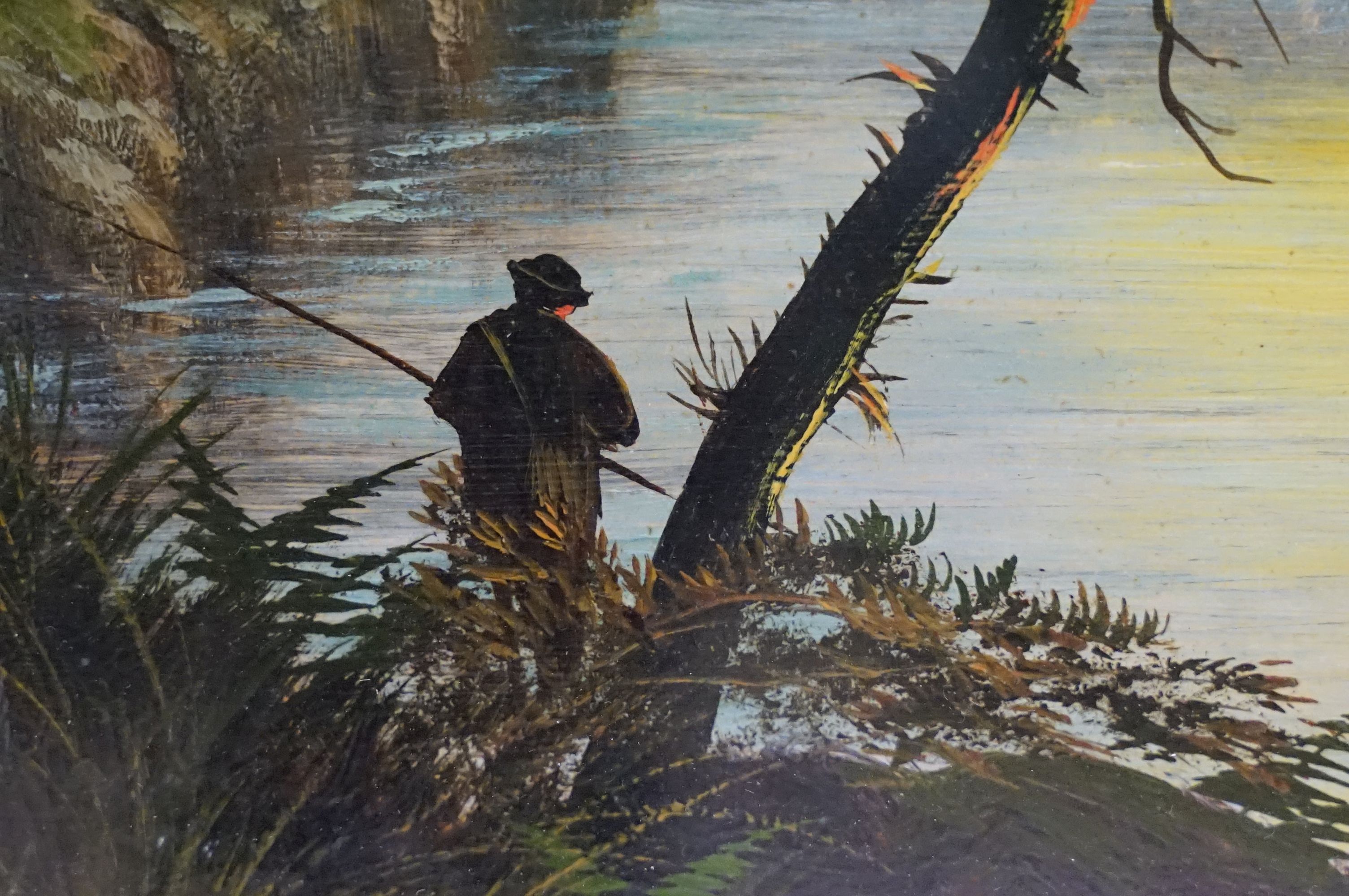 Pair of late 19th / early 20th century oil on board paintings of a fisherman by a lake and river, - Image 6 of 7