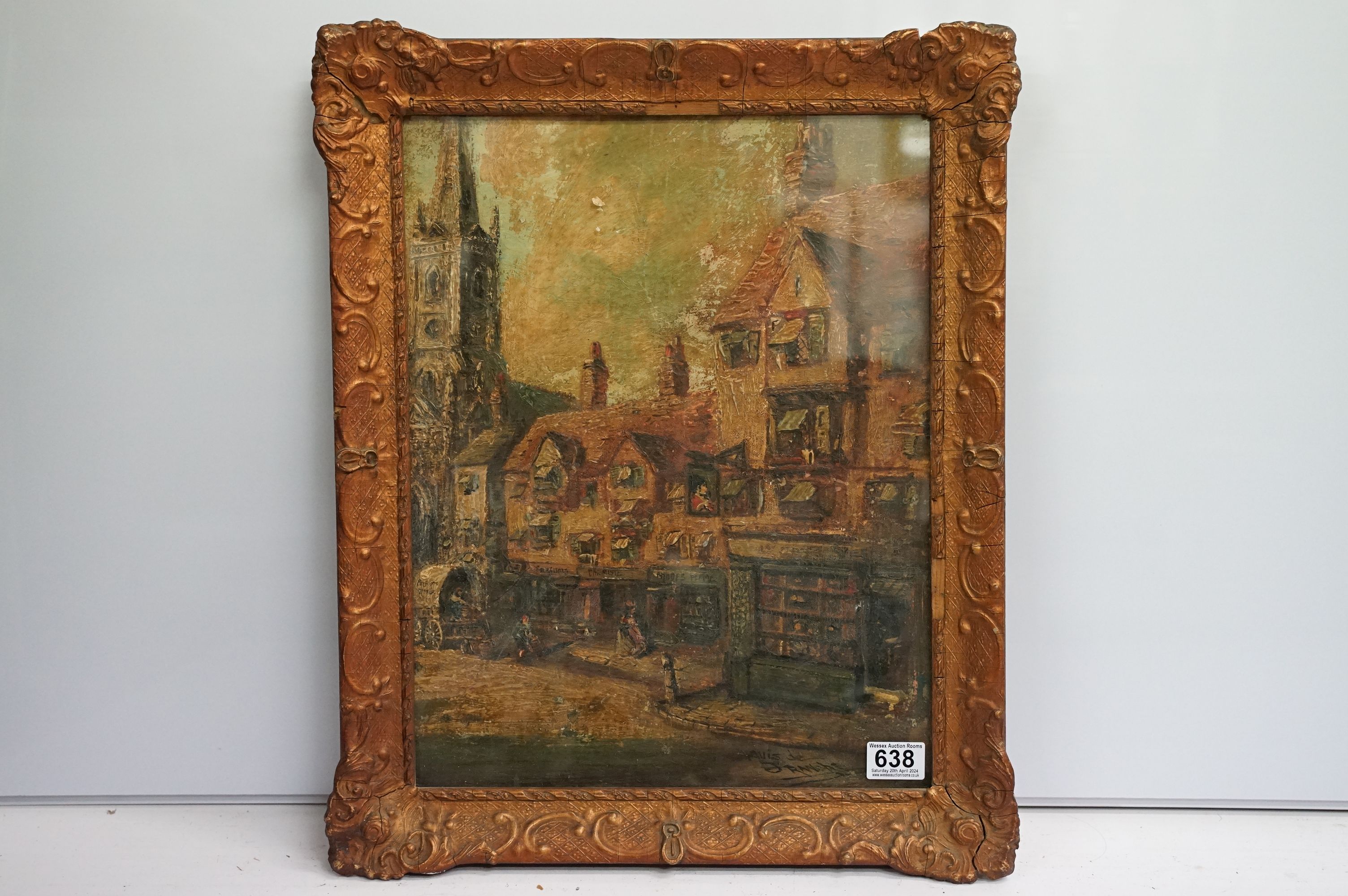 French antique gilt framed oil painting of a classical town view with figures, buildings and church,