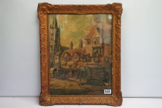 French antique gilt framed oil painting of a classical town view with figures, buildings and church,