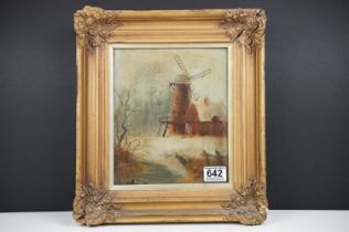 19th Century oil on canvas painting depicting a windmill in a woodland landscape, set within a