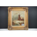 19th Century oil on canvas painting depicting a windmill in a woodland landscape, set within a