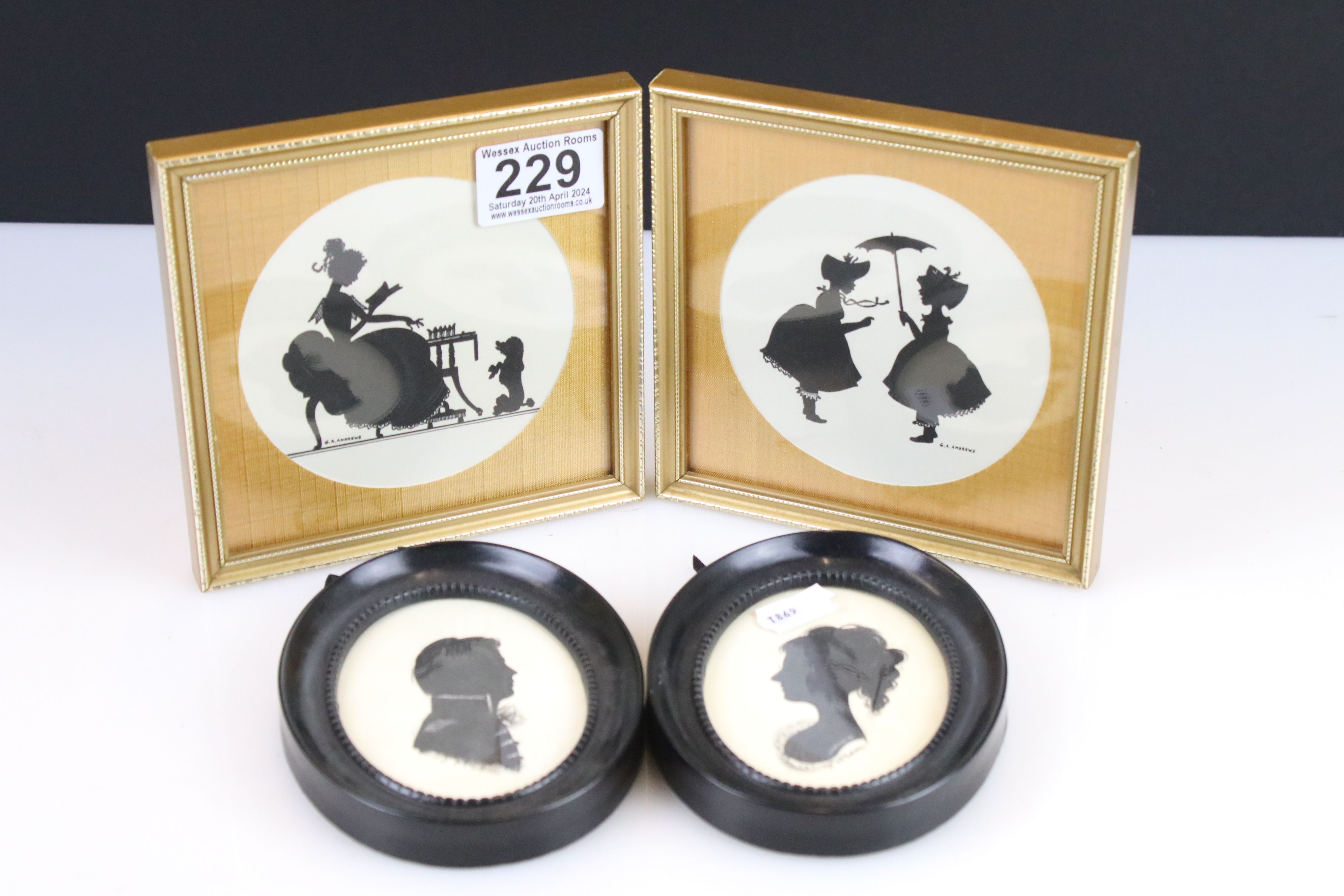 Group of four small silhouette pictures to include two G.A. Andrews examples (approx 10cm diameter),