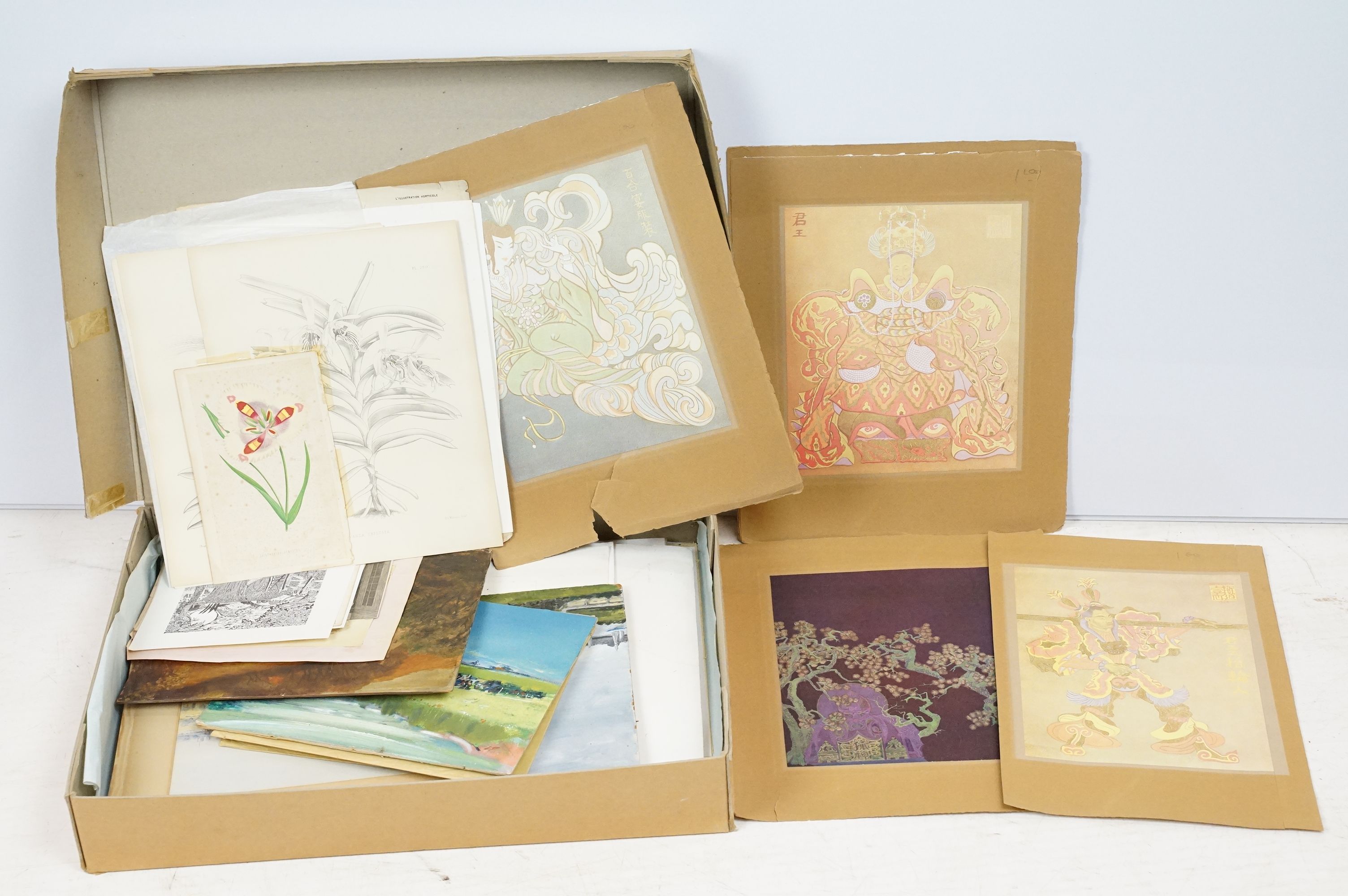 Quantity of paintings and prints to include floral illustrations, landscape painting etc.