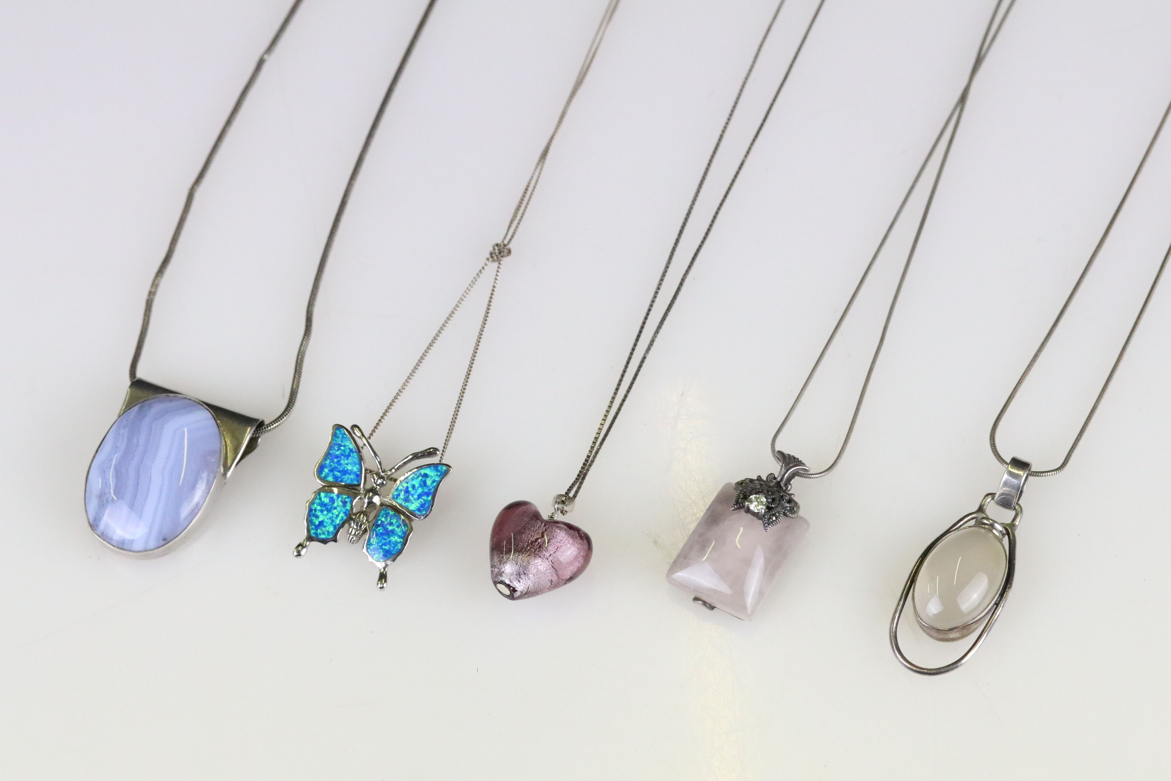 Five Silver Necklaces including Silver & Opal Butterfly Pendant, 2 x Rose Quartz & Silver