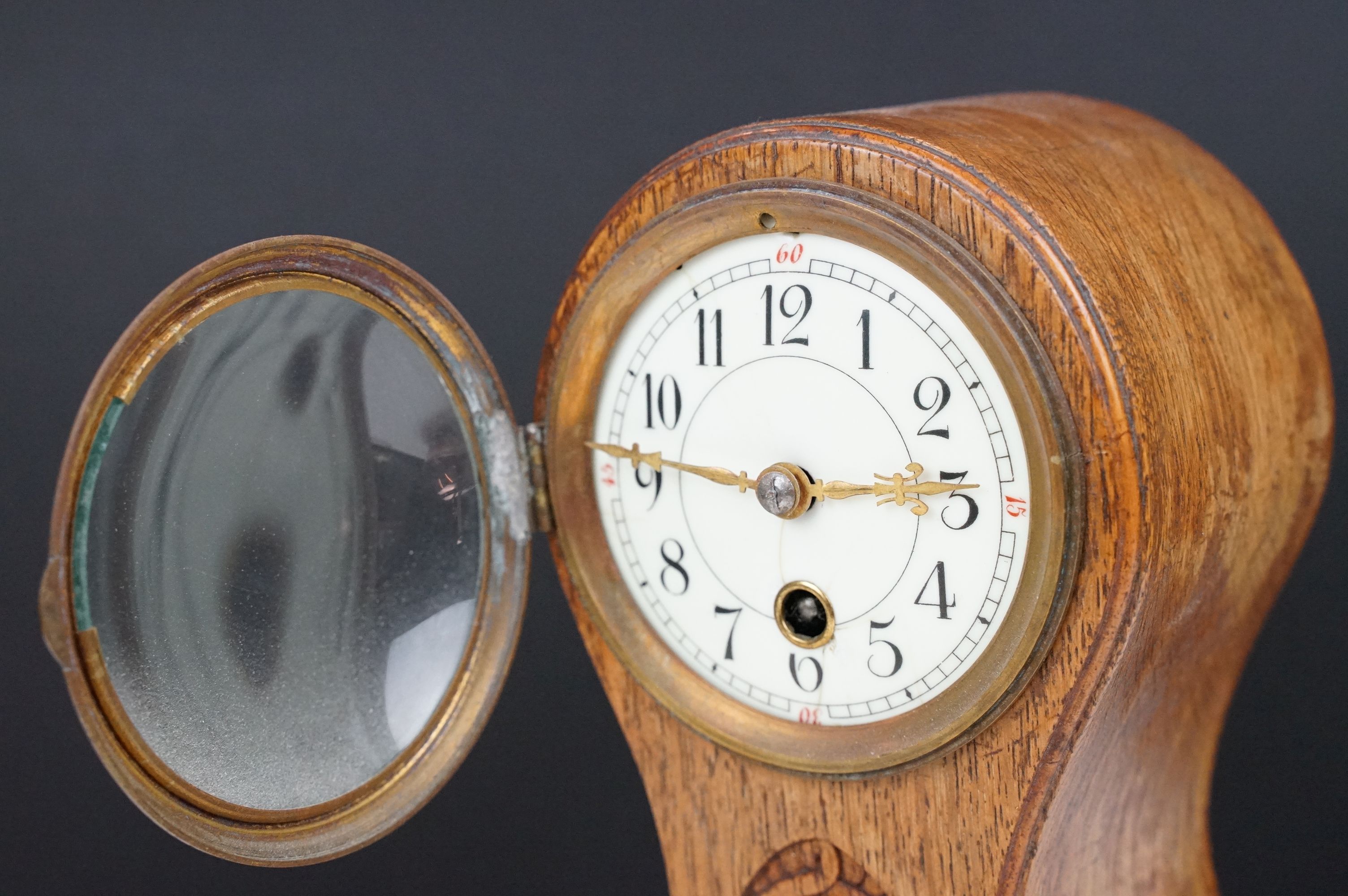 Edwardian balloon oak mantel clock with white enamel dial and carved detail, approx 22.5cm high - Image 5 of 7