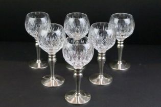 A set of six fully hallmarked sterling silver and cut glass goblets by Mappin & Webb, approx 16cm