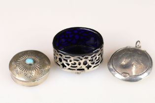 Silver Hallmarked Compact, Birmingham 1917, Silver Pierced Mustard Pot with blue glass liner,