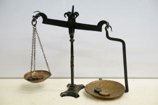 Pair of shop counter balance scales with copper pans, approx 50cm high