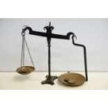 Pair of shop counter balance scales with copper pans, approx 50cm high