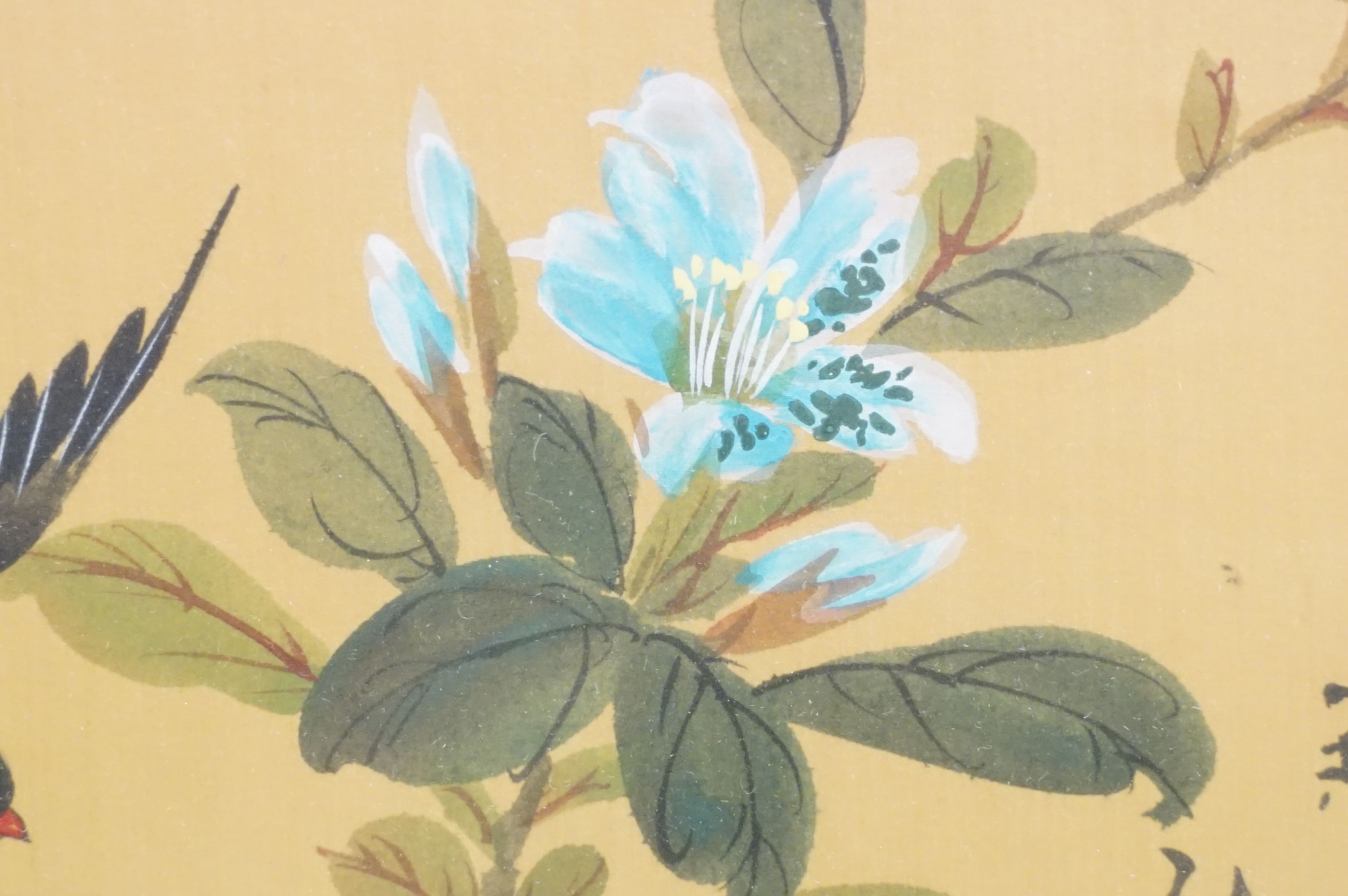 Pair of Chinese paintings on silk depicting birds amongst flowering branches, with character mark - Image 9 of 12