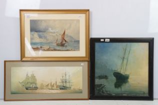 Oil on board of ships in a harbour together with two other related watercolours (3 items)