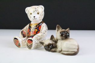 Royal Crown Derby seated Teddy bear paperweight in the Imari palette (with silver stopper), together