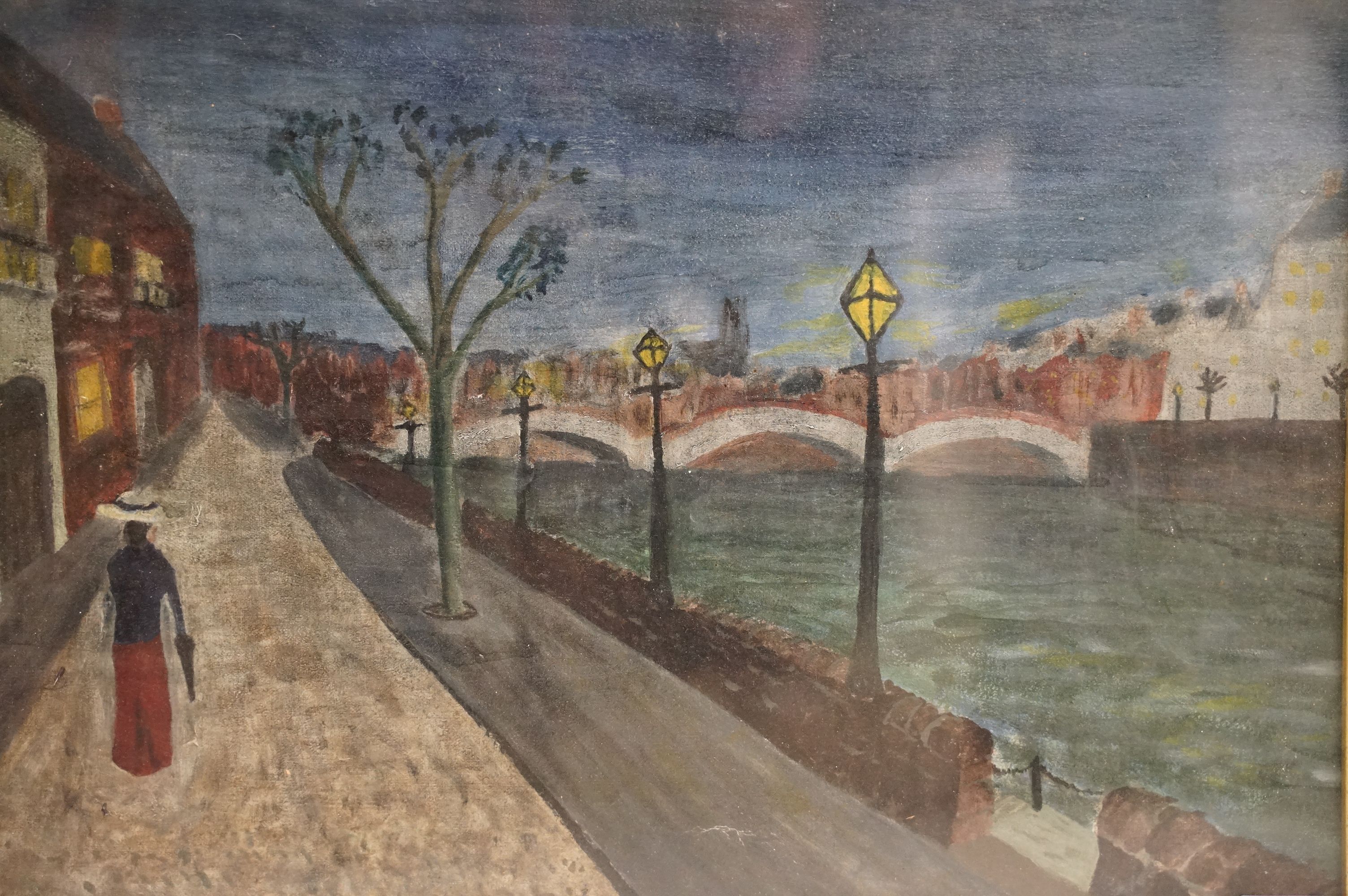 Framed oil painting of a continental city river view with woman strolling by lamplight, 31.5cm x - Image 2 of 9