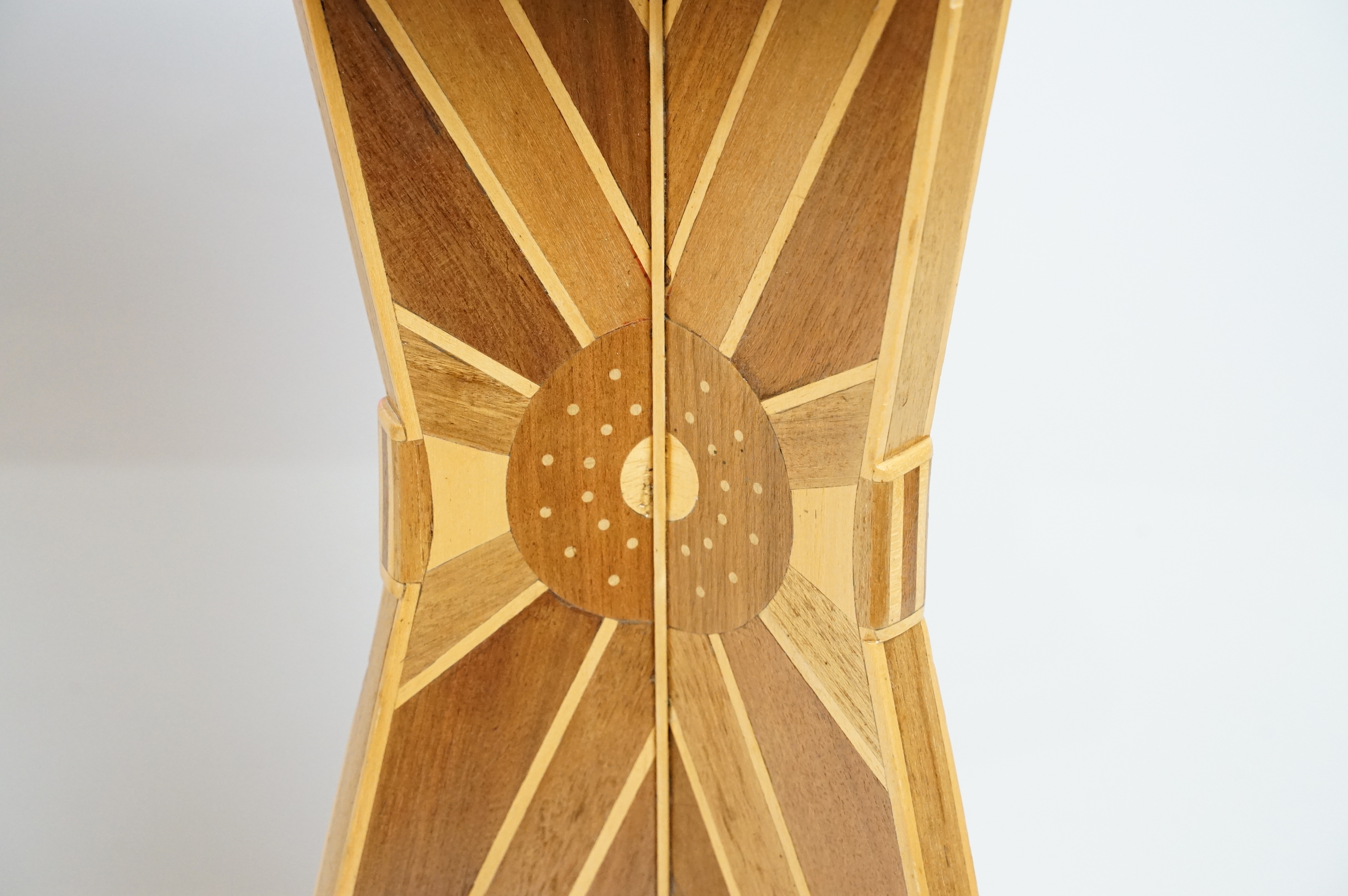 Art Deco marquetry lamp side table of hexagonal form with angular support with sunburst marquetry - Image 7 of 9