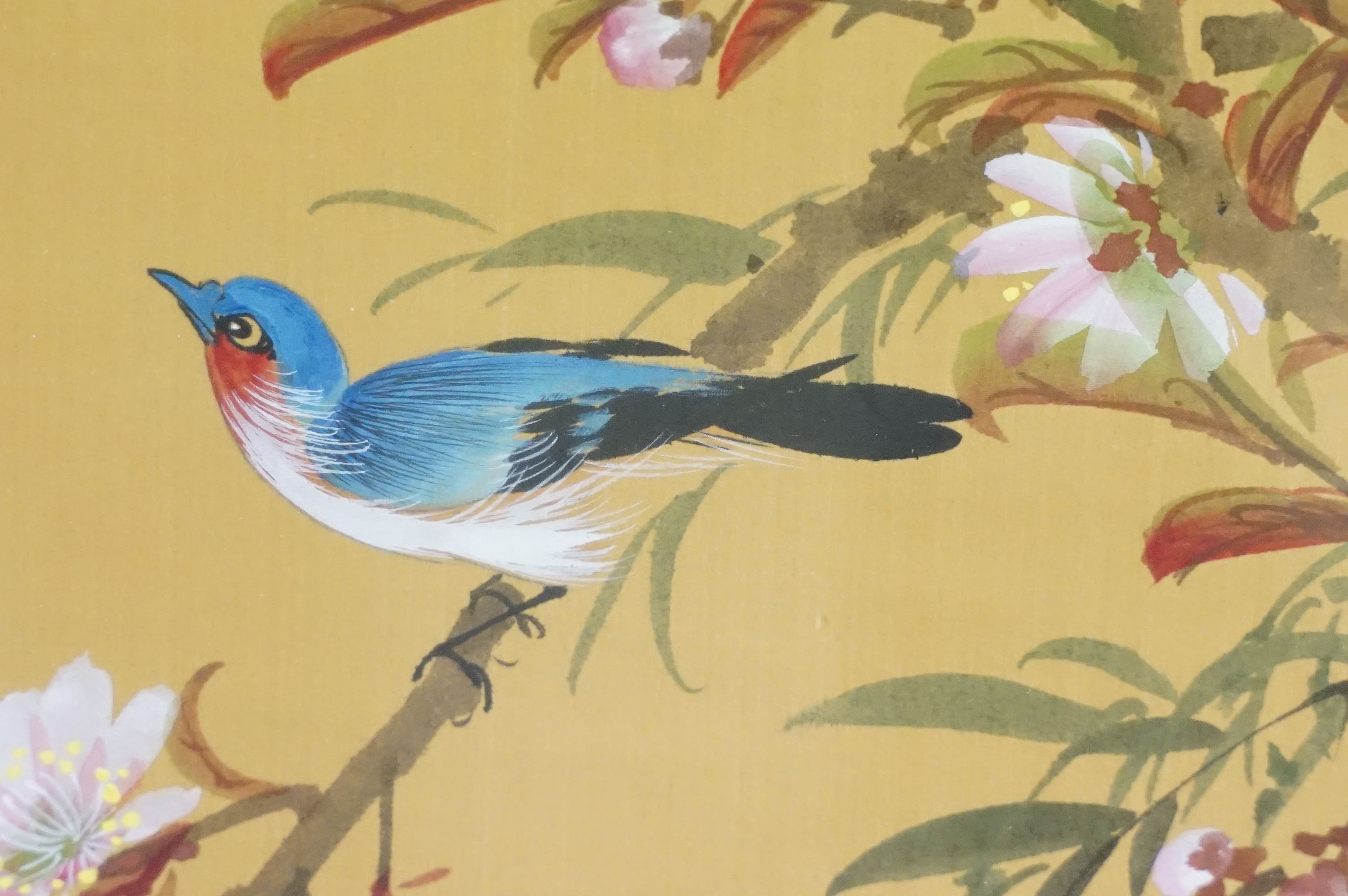 Pair of Chinese paintings on silk depicting birds amongst flowering branches, with character mark - Image 4 of 12