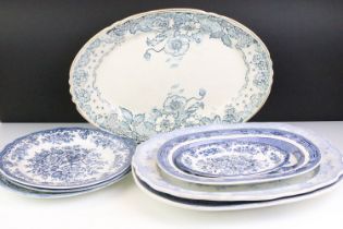 Group of blue & white plates & dishes, 19th century onwards, to include a Wedgwood Asiatic Pheasants