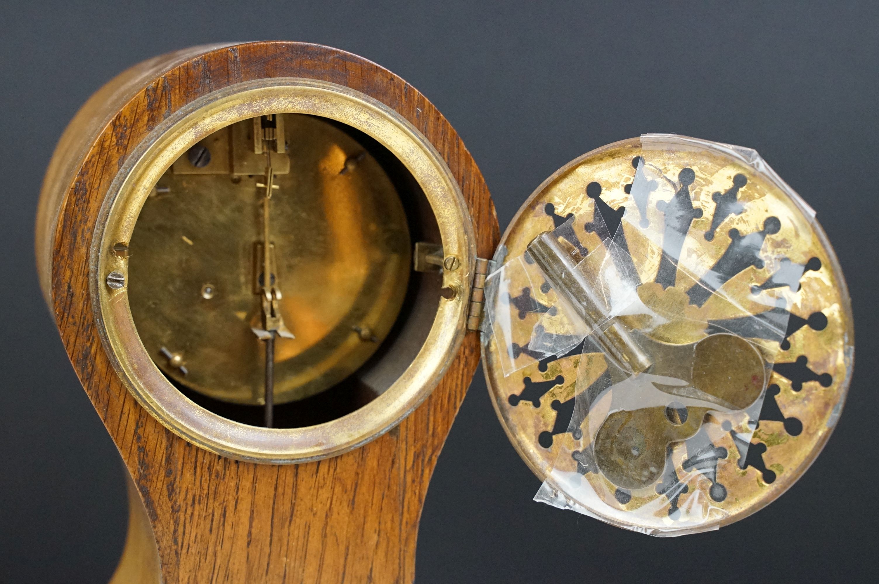 Edwardian balloon oak mantel clock with white enamel dial and carved detail, approx 22.5cm high - Image 7 of 7