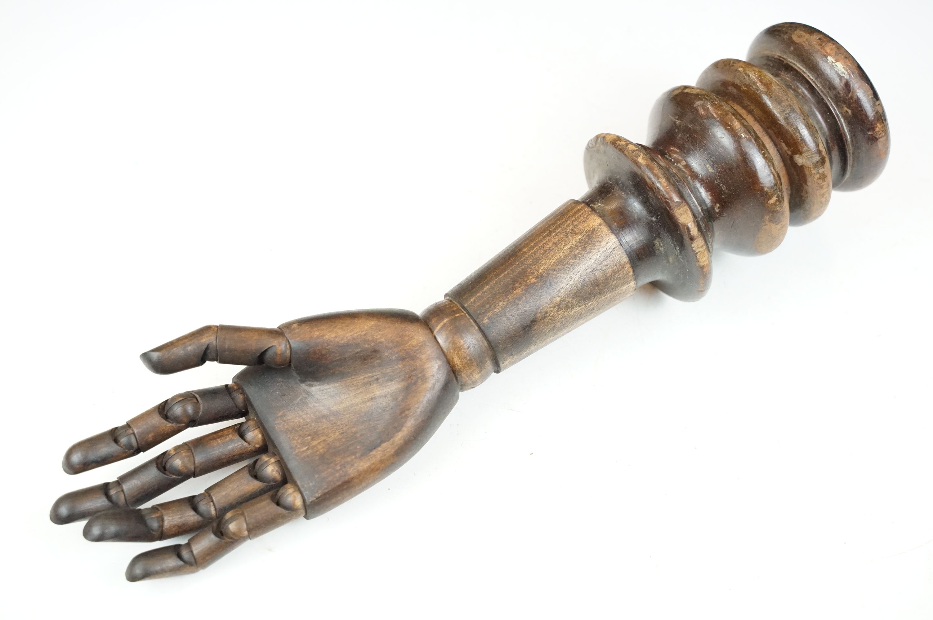 Artist model hand with articulated fingers, raised on a turned wooden base, approx 44cm high - Image 4 of 5