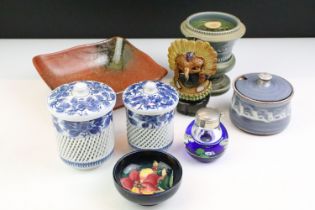 Group of mixed glass & ceramics to include a small Moorcroft pottery bowl (7.5cm diameter),