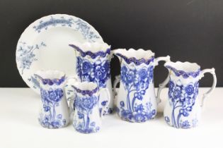 Set of five Ironstone blue & white graduating jugs with gilt details, plus a 19th century W.H.