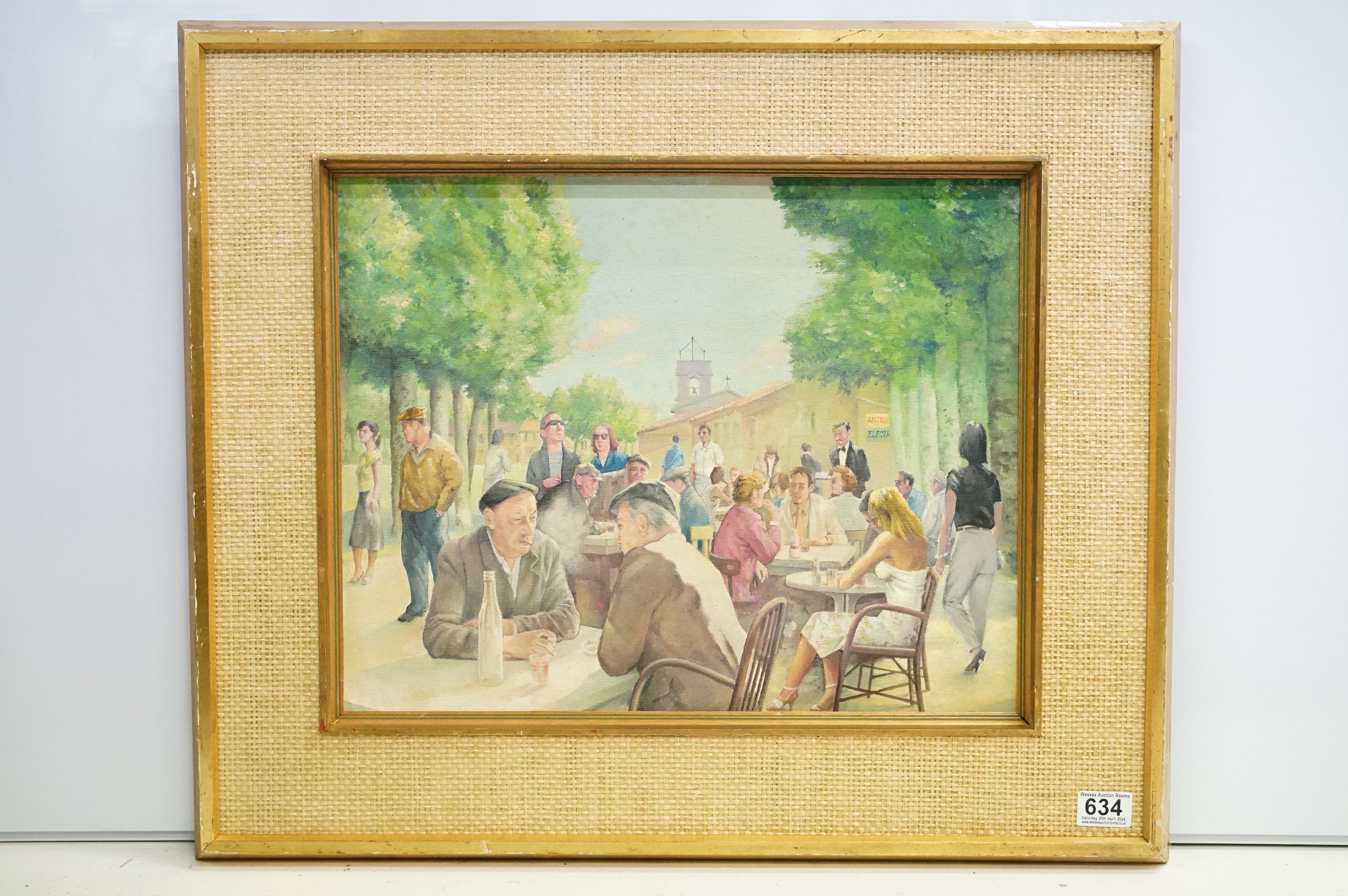 Richard Lester 20th C oils on canvas French scene with figures titled France Alfresco 38cm x 47.5cm