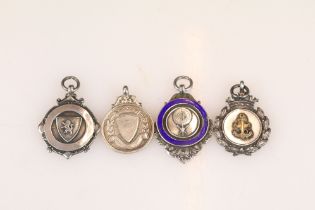 Four Silver Hallmarked Fob Medals, all dating between 1920's and 1930's, one with blue enamel