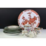 Group of oriental ceramics to include three famille rose celadon glazed dishes with floral, bird &