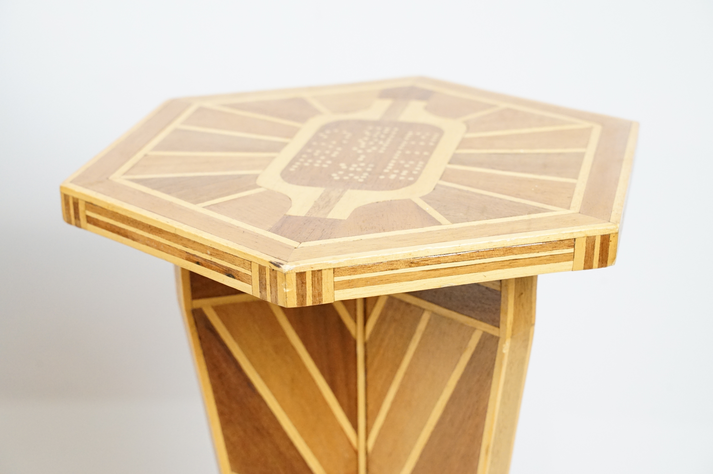 Art Deco marquetry lamp side table of hexagonal form with angular support with sunburst marquetry - Image 6 of 9