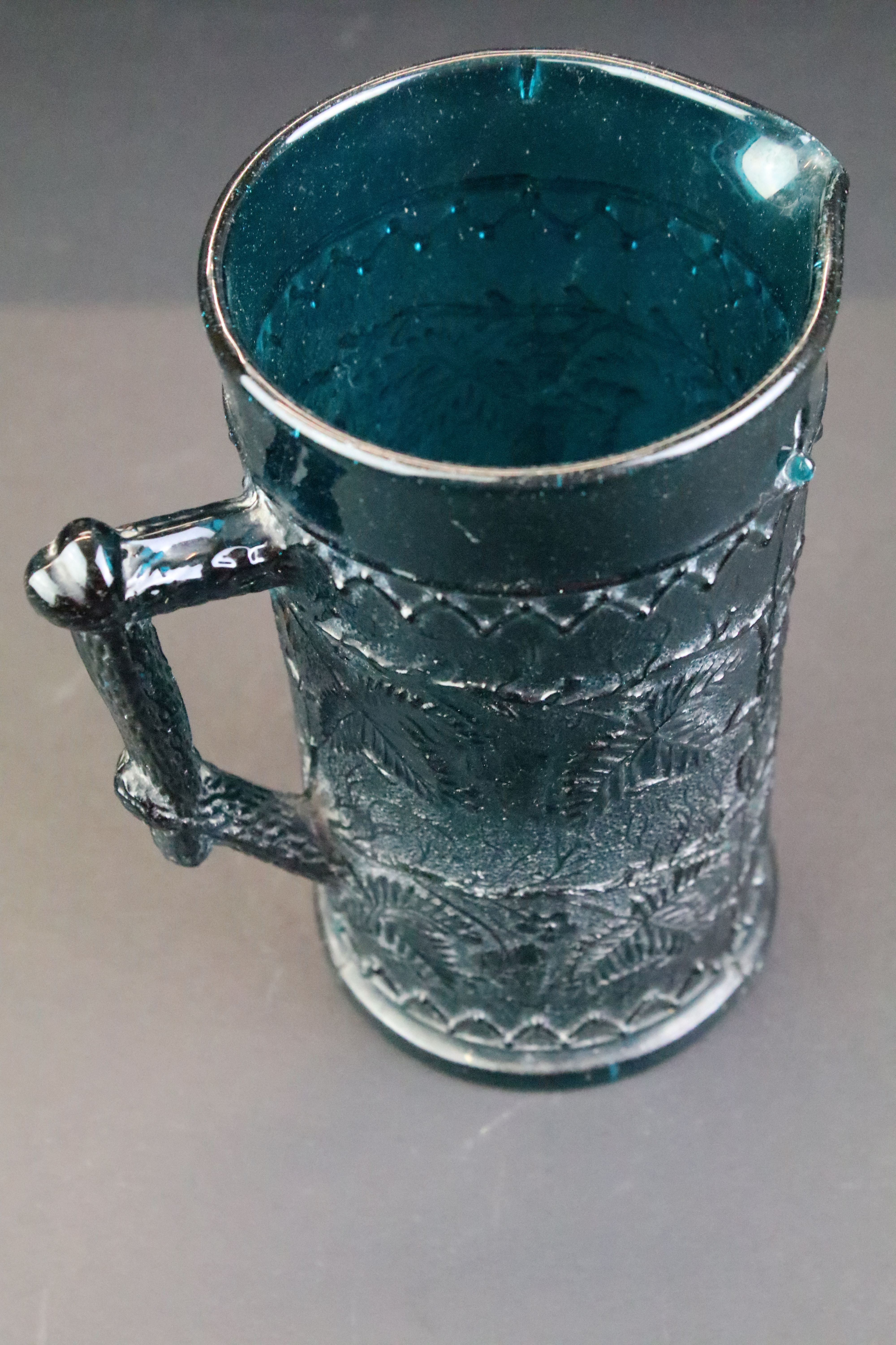 19th century Kingfisher blue pressed glass jug with leaf & berry detail, approx 16cm tall - Image 2 of 3