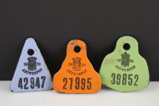 A collection of three coloured registration identification plated, all marked for Antwerpen dating