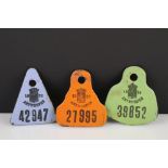 A collection of three coloured registration identification plated, all marked for Antwerpen dating