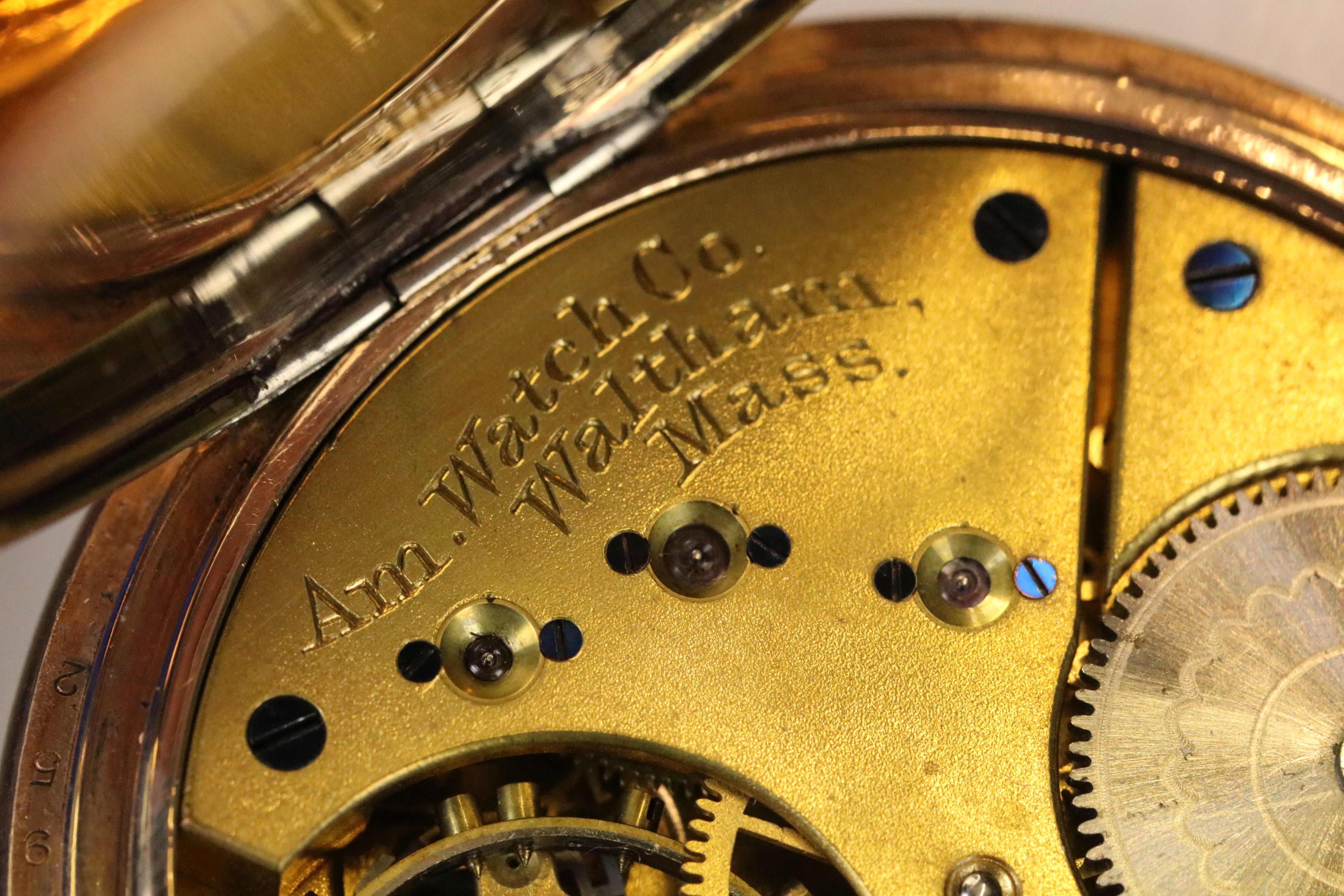 A gold plated waltham pocket watch together with albert chain. - Image 4 of 7