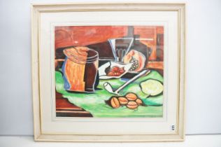 Framed oil painting still life of fruit, nuts and drinking vessels in vivid hues
