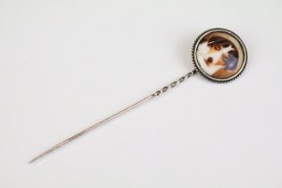 Silver stick pin with circular enamel panel depicting a Jack Russell Terrier, stamped '925' to