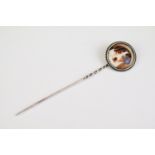 Silver stick pin with circular enamel panel depicting a Jack Russell Terrier, stamped '925' to