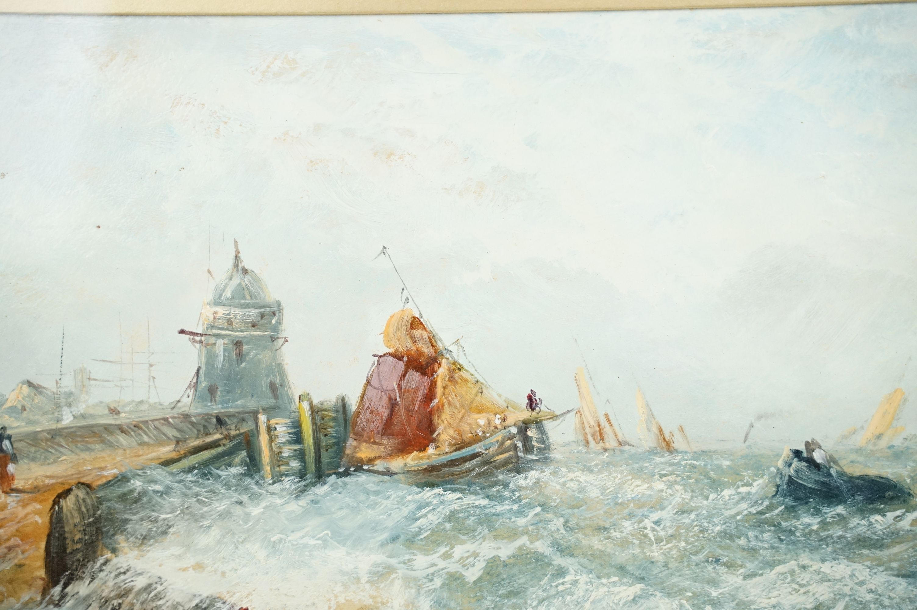 20th century English School, boats in harbour amongst a storm, oil on board, 21 x 34cm, gilt - Image 2 of 7