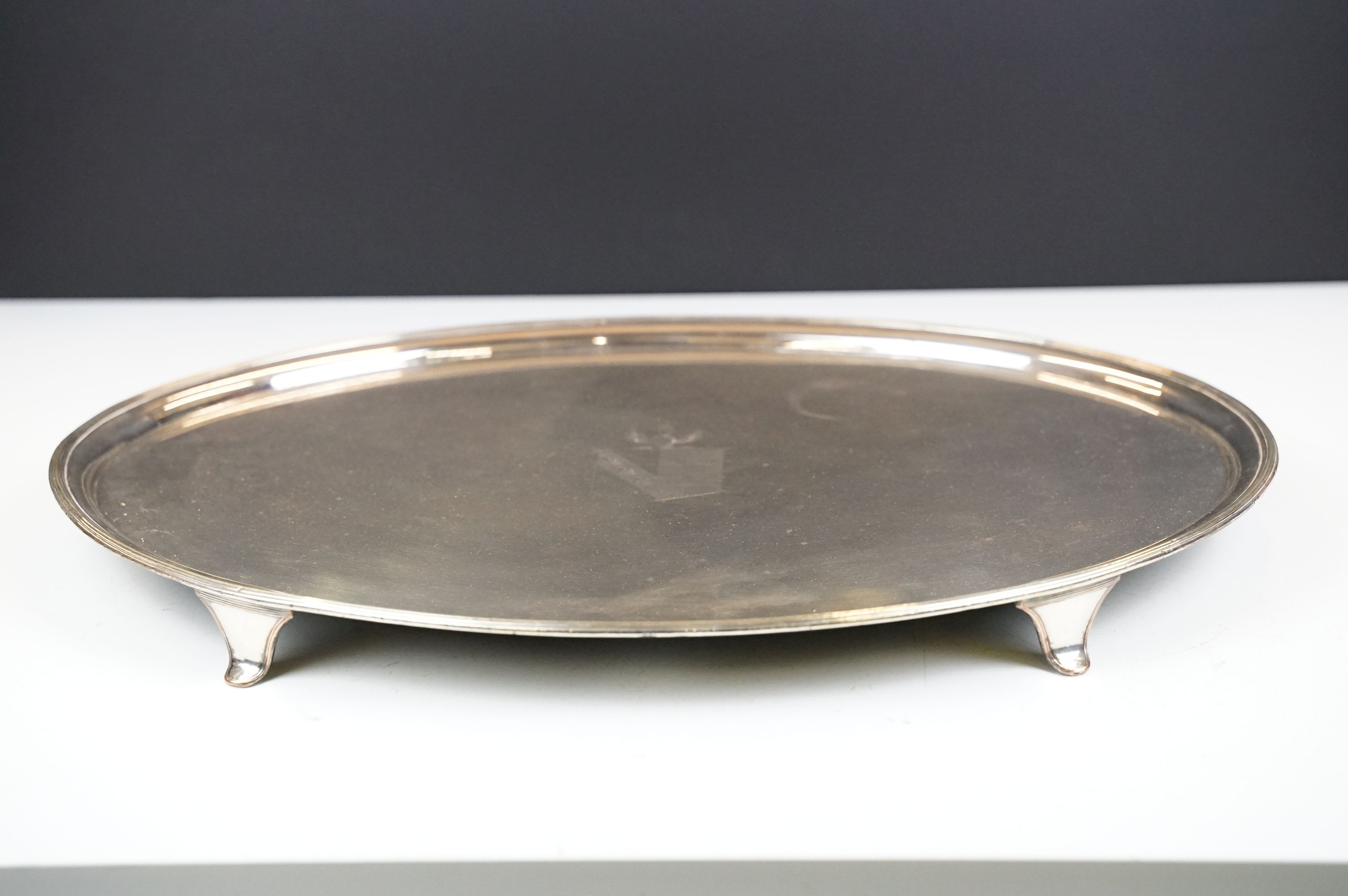 19th Century Old Sheffield silver plated oval tray raised on cabriole feet with engraved crest to - Image 2 of 4