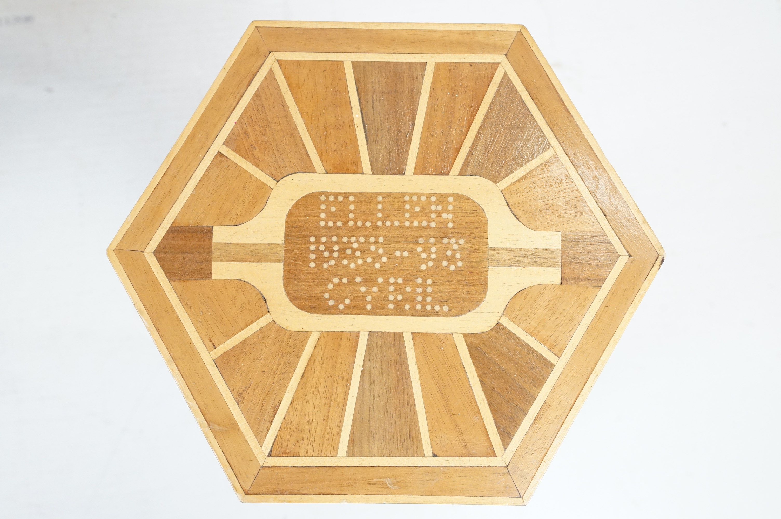 Art Deco marquetry lamp side table of hexagonal form with angular support with sunburst marquetry - Image 2 of 9