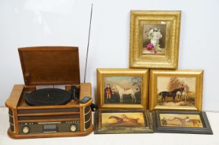 Zennox tabletop record player, together with a group of five framed pictures to include a still life