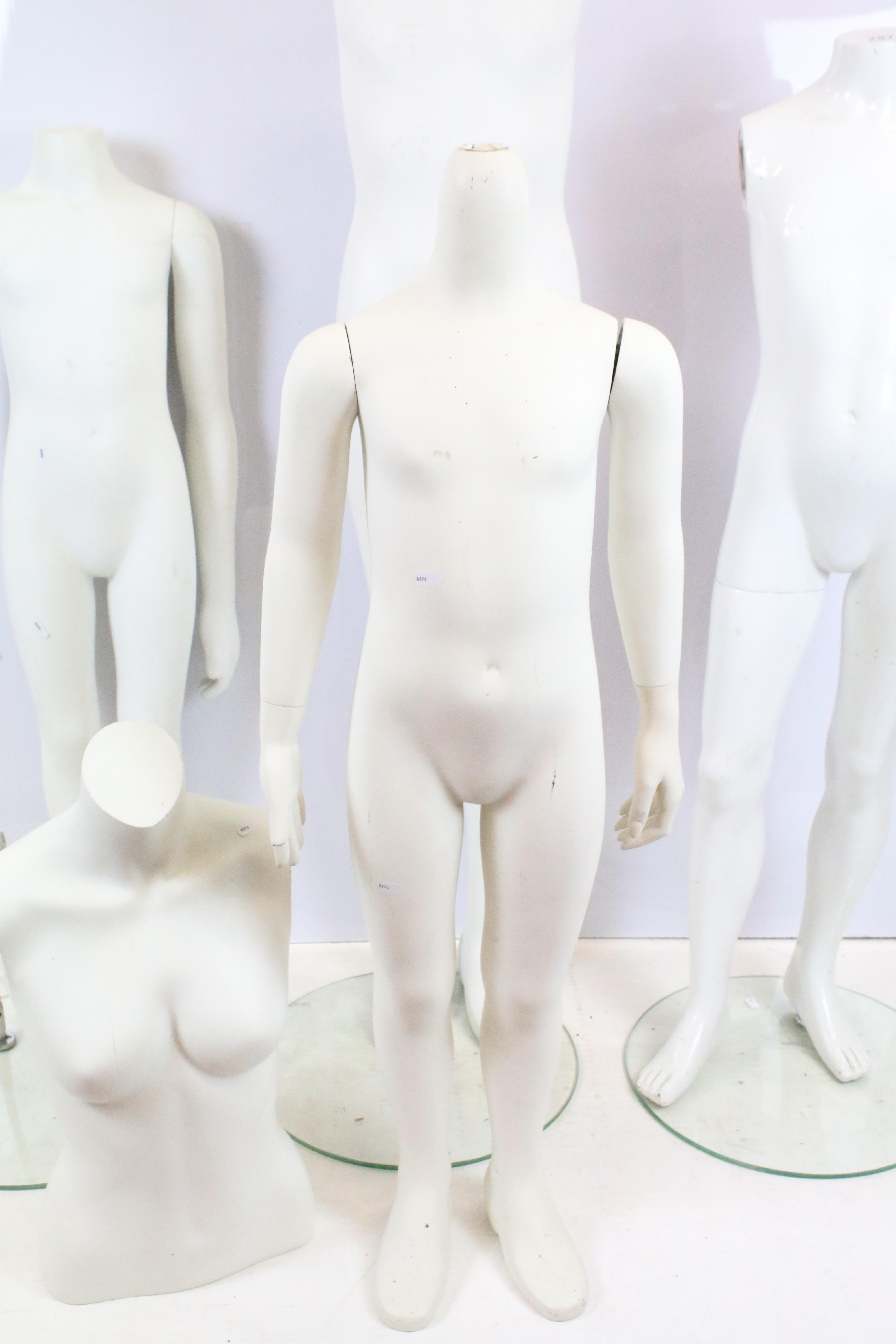 Group of four childrens mannequins together with one torso, all raised on round glass basses. - Image 3 of 6