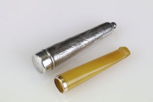 Early 20th century 9ct Gold and Amber Cheroot contained in a Silver engraved Cheroot Case,