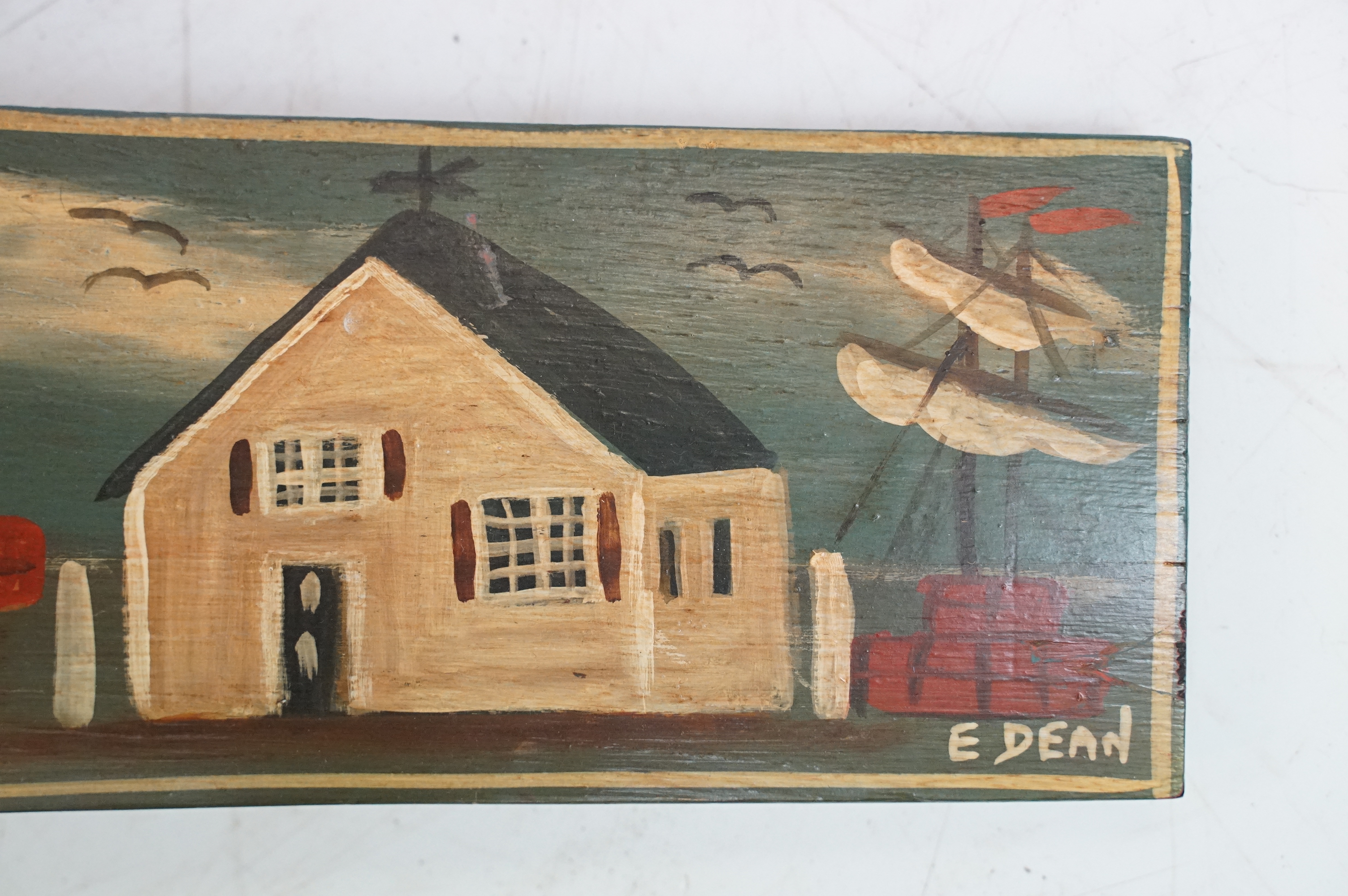 20th Century naïve painted barrel plank decorated with naval scenes. Measures 89cm wide. Together - Image 6 of 10