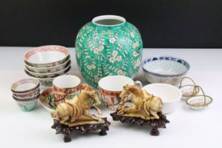 Quantity of Oriental ceramics & collectables to include ginger jar / vase with blossom on a green
